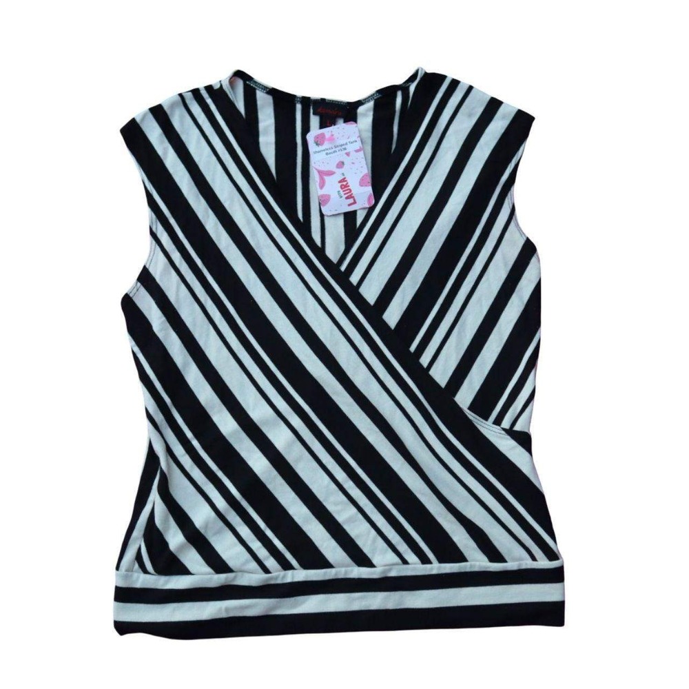 Y2K Black White Striped Wrap Top Womens Sleeveless V Neck Blouse Size L
